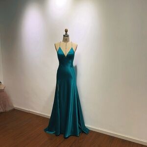 Teal blue satin elegant full length dress